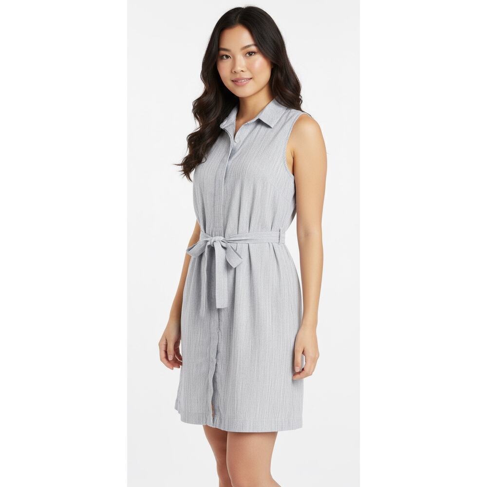 Tahari Sleeveless Gray White Stripe Shirt Mini Dress Linen Blend 12 Chic Summer